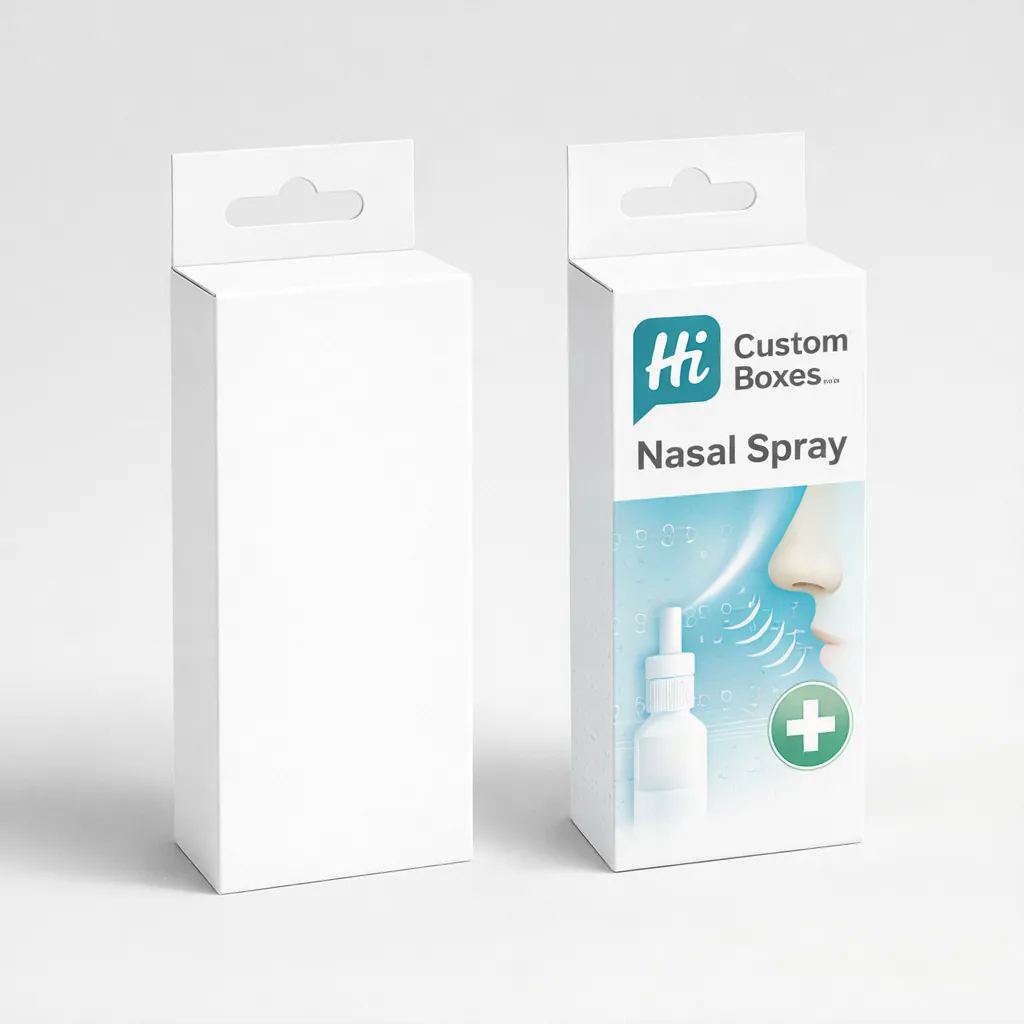 Two white retail cartons with hanging tabs, one blank and one showing nasal spray product imagery. class=